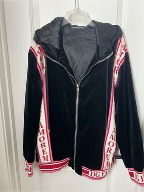 NWT Dolce & Gabbana Black Velvet Zip Hoodie with Pink and White Logo Trim